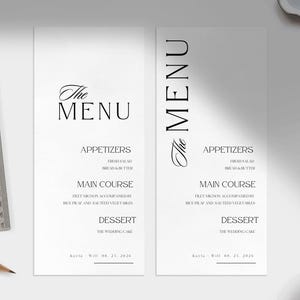 Puede incluir: Dos tarjetas de menú de boda en blanco y negro con el texto "The Menu" en la parte superior. Las tarjetas enumeran aperitivos, plato principal y postre.