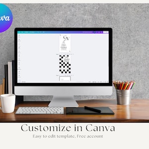 May include: A desktop computer displays a design template with a black and white checkered pattern. The screen shows the Canva logo in a blue and purple circle. The text "Customize in Canva" is visible below the screen.
