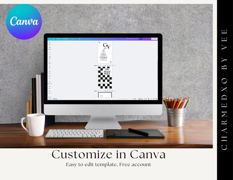 May include: A desktop computer displays a design template with a black and white checkered pattern. The screen shows the Canva logo in a blue and purple circle. The text "Customize in Canva" is visible below the screen.
