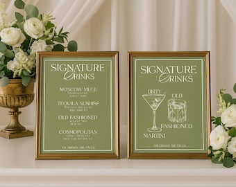 Olive Green Signature Cocktails Bar Sign: Elegant Wedding Decor (Canva Template)
