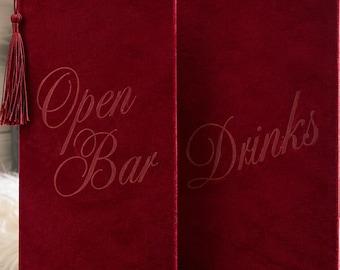 Custom Velvet Suede Bar Menu | Personalized Wedding Cocktail Sign (Physical Item)