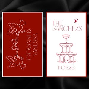 May include: Two wedding invitation cards. The left card has a red background with white line art of doves and text that reads "GIOVANNI & VANESSA". The right card has a white background with a champagne glass pyramid and text that reads "THE SANCHEZ" and "11.05.26".