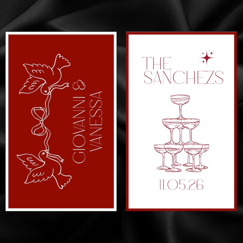 May include: Two wedding invitation cards. The left card has a red background with white line art of doves and text that reads "GIOVANNI & VANESSA". The right card has a white background with a champagne glass pyramid and text that reads "THE SANCHEZ" and "11.05.26".