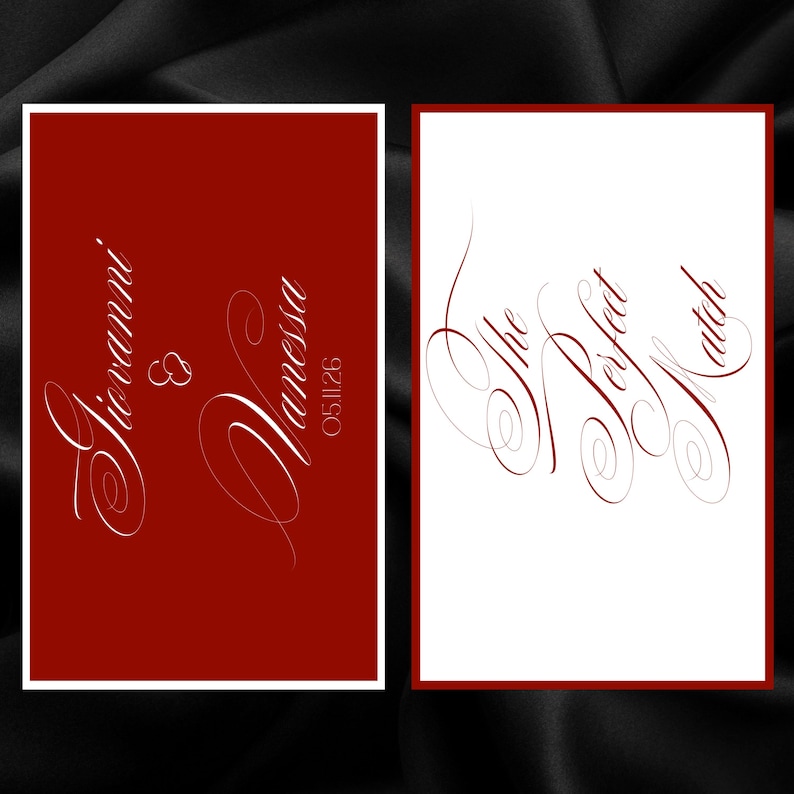 May include: Two wedding invitation cards. One card is red with white script that reads "Giovanni & Vanessa 051126". The other card is white with red script that reads "The Perfect Match". Both cards have a red border.