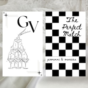 May include: Two white cards with black text and graphics. One card features a champagne tower with the initials "GV". The other card has a black and white checkered pattern with the text "The Perfect Match" and the names "giovanni & vanessa".