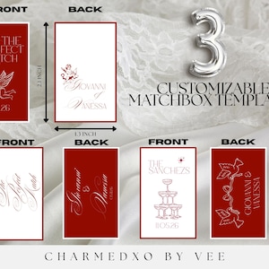 May include: Customizable matchbox templates with red and white designs. The front of the matchboxes feature text and illustrations, including an angel, champagne glasses, and the words "The Perfect Match" and "The Sanchez". The back of the matchboxes have names and dates.