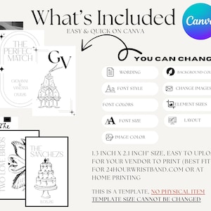 May include: A digital wedding template with the text "What's Included" and "Easy & Quick on Canva." The image includes sample invitation designs, a checklist pattern, and a list of customizable features. The template size is 1.3 inches x 2.1 inches.