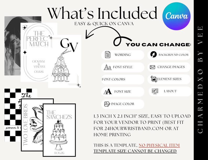 May include: A digital wedding template with the text "What's Included" and "Easy & Quick on Canva." The image includes sample invitation designs, a checklist pattern, and a list of customizable features. The template size is 1.3 inches x 2.1 inches.