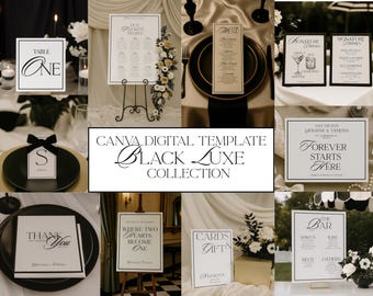May include: A collection of black and white wedding stationery templates. Includes table numbers, menus, signature drink signs, and signage with phrases like "Thank You" and "Cards & Gifts". The theme is elegant and minimalist.