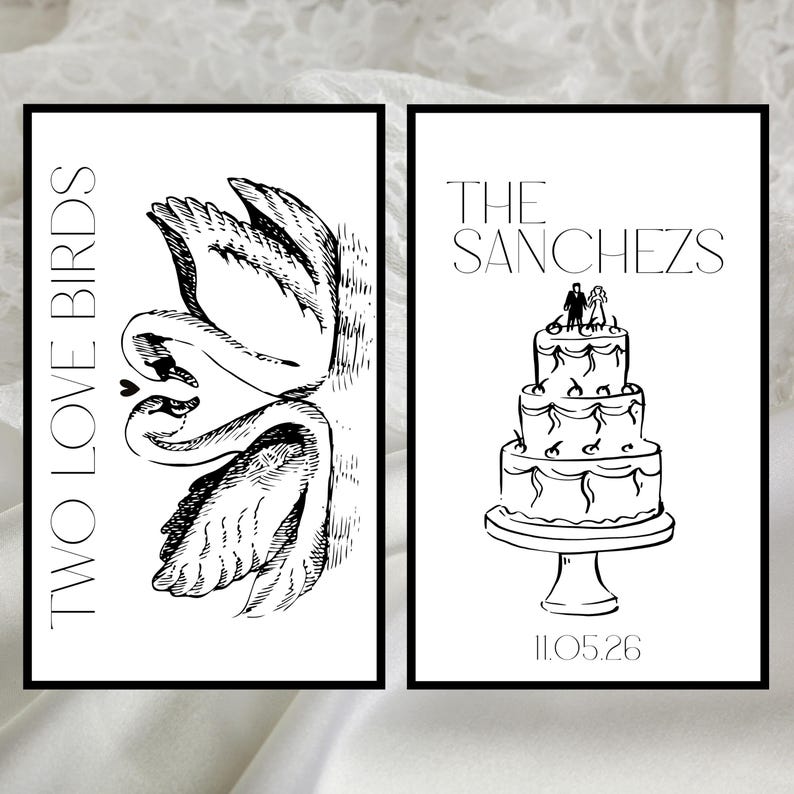 May include: Two framed black and white prints. One features two swans with the text "TWO LOVE BIRDS." The other print shows a three-tiered cake with the text "THE SANCHEZ" and the date "11.05.26."