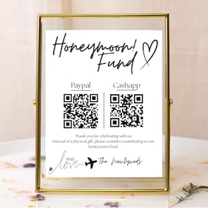 Znak funduszu na miesiąc miodowy z kodem QR, edytowalny w Canva na prezenty ślubne i oszczędności na miesiąc miodowy, wyjątkowy wystrój i personalizację