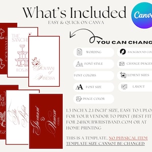 May include: A template design with red and white elements, including text and illustrations. The design features the words "What's Included" and "Easy & Quick on Canva." The template size is 1.3 inches x 2.1 inches.