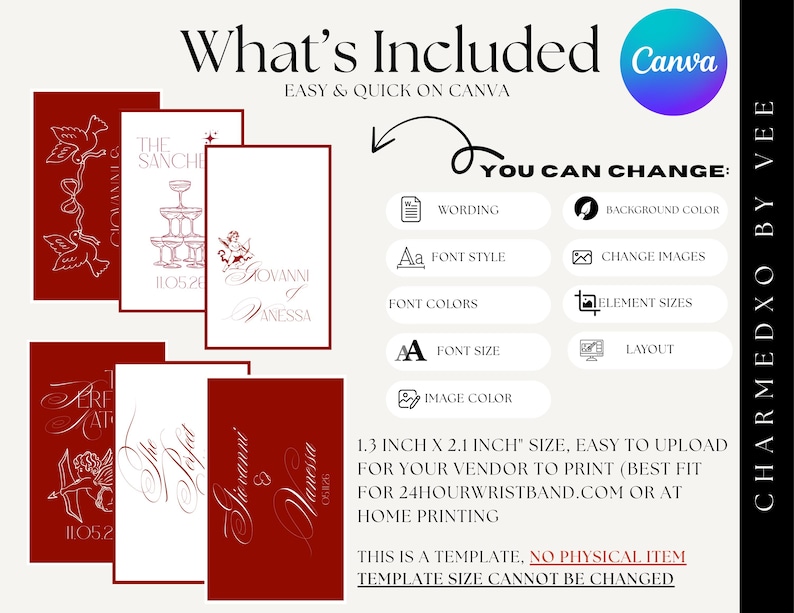 May include: A template design with red and white elements, including text and illustrations. The design features the words "What's Included" and "Easy & Quick on Canva." The template size is 1.3 inches x 2.1 inches.