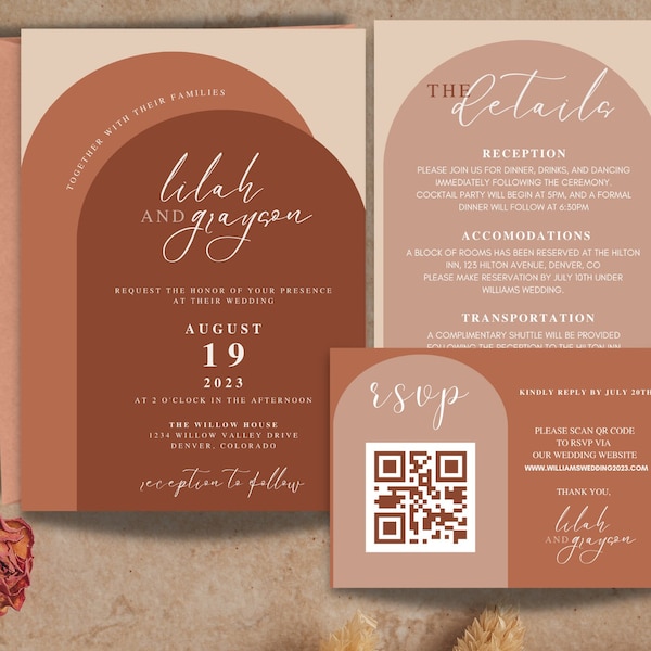 Terracotta Wedding Invitation Template Set | Rust Wedding Invite Set | Editable Wedding Invitation Suite | Minimalist Wedding | Boho Wedding