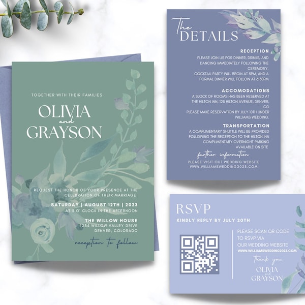 Dusty Blue Sage Green Wedding Invitation Template Set | Modern Wedding Invitation | editable Wedding Invite | Editable Invite | Windsor