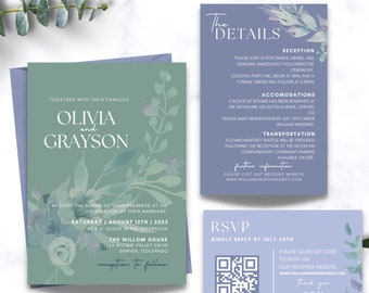 Ensemble de modèles d'invitation de mariage vert sauge bleu poussiéreux | Faire-part de mariage moderne | invitation de mariage modifiable | Invitation modifiable | Windsor