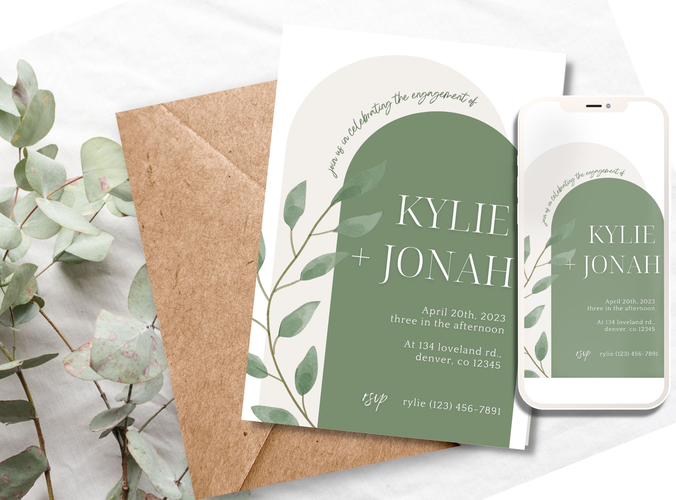 Modern Sage Green Engagement Party Editable Invite Template Engagement