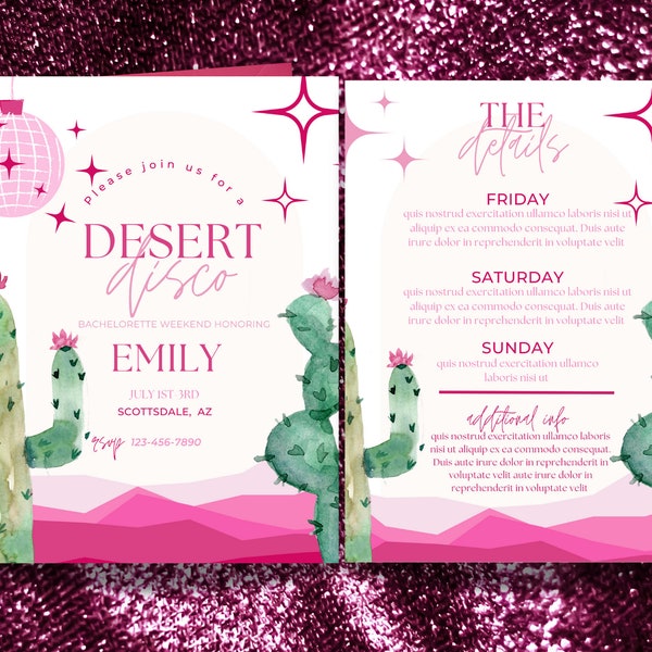 Desert Disco Pink Bachelorette Editable Invite Template | Bachelorette Itinerary Template | Arizona Bachelorette | Scottsdale Bachelorette