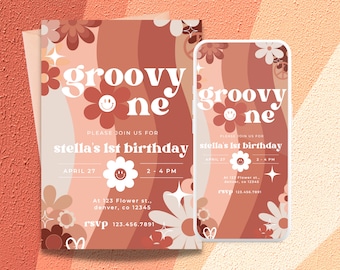 Editable Groovy One 1st Birthday Party Invitation Template | First Birthday Party | Retro Birthday Party | Boho Birthday Party | Printable