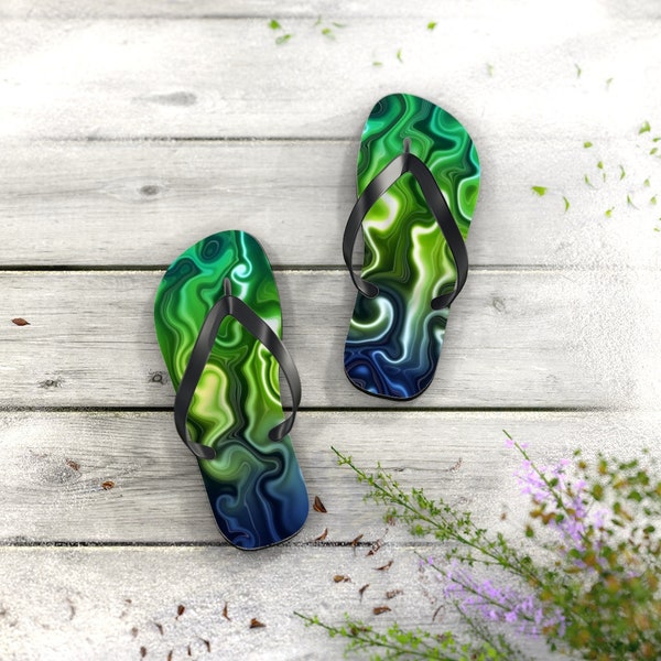 Abstract Green and Blue geode design summer Flip Flops