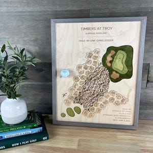 May include: A framed wooden map of the Timbers at Troy golf course in Elkridge, Maryland, featuring a hole-in-one commemorative design with a golf ball attached. The text includes details about the hole, distance, club, witnesses, and date.