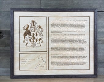 Personalized Family Coat of Arms & Surname History — Custom Laser Engraved Framed Wood