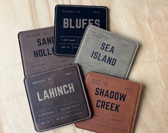 Custom Leather Golf Coaster Set | Leather Coasters | Personalized Golf Gift | Square Leather Coasters | Custom Golf Gift