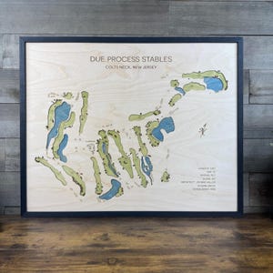 May include: A framed wooden map of the Due Process Stables golf course in Colts Neck, New Jersey. The light wood surface features green fairways, blue water hazards, and text detailing the course length, par, rating, slope, and architect.