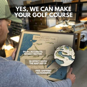 May include: A framed 3D wooden map of the Pacifico Course at Punta Mita Golf Club in Mexico. The map features light wood tones for land and blue for water, with a circular inset showing detailed topography. Text includes the course name and location.