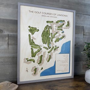 May include: A framed wooden map depicting The Golf Courses of Lawsonia in Green Lake, Wisconsin. The map shows green golf course layouts, beige sand traps, and blue water features. The frame is grey, and the text at the top reads "THE GOLF COURSES OF LAWSONIA".