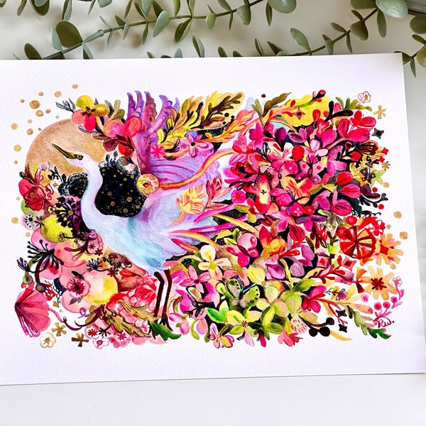 Blissful Breakthrough-5x7, 8x10, Inspirational Fine Arts Giclee Print-Blue Purple-Bird Heron Flowers Nature Trees Leaves-Rainbow Wang