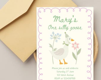 One Silly Goose Birthday Party Invitation, First Birthday Party Invitation Template