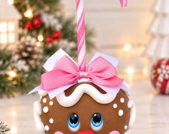 Fake Christmas Pink White Gingerbread Character Apple, Christmas Apple, Fake Food, Christmas Decor, Photo Prop,  Gingerbread Decor, Ornament