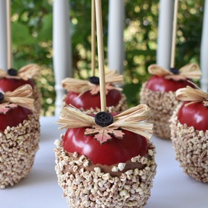 May include: Four red caramel apples decorated with brown and beige straw, a wooden stick, and a brown button with a leaf design. The apples are covered in a layer of white sprinkles.