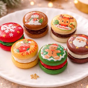 May include: A white plate holds six Christmas-themed macarons. Each macaron features a different festive design, including a snowman, reindeer, Santa Claus, and a gingerbread man. The macarons are red, green, yellow, and brown.