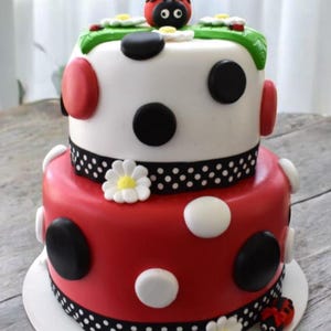 Pode incluir: Bolo de dois andares decorado com bolinhas vermelhas, brancas e pretas. O andar superior tem uma base branca com bolinhas pretas e uma joaninha no topo. O andar inferior tem uma base vermelha com bolinhas brancas e pretas. O bolo &eacute; decorado com margaridas brancas.