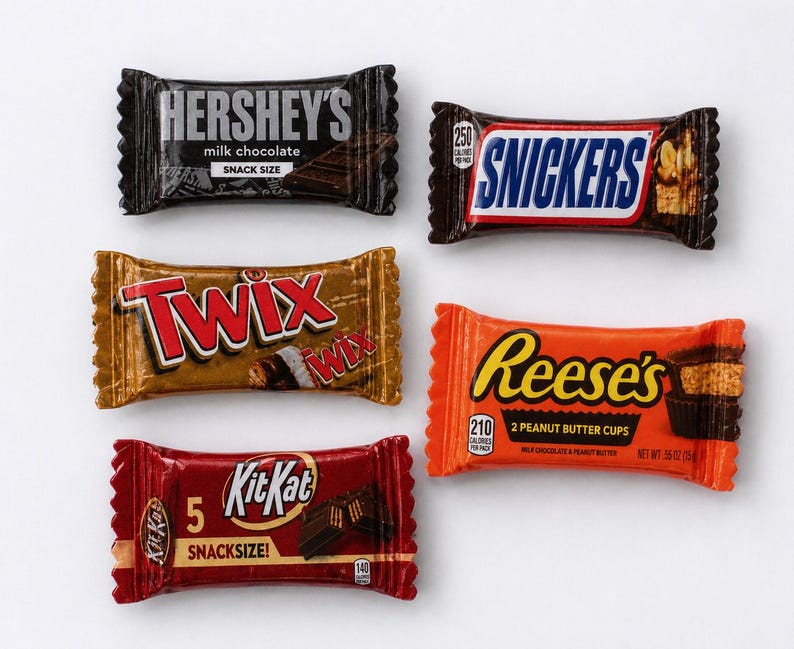 May include: Five individually wrapped snack-size chocolate bars arranged on a white surface. The collection includes a black Hershey's milk chocolate bar, a brown Snickers bar, a gold Twix bar, an orange Reese's peanut butter cups pack, and a red KitKat bar.