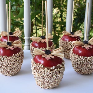 May include: Five red caramel apples decorated with brown and tan straw, a brown button, and a small red leaf. The apples are on wooden sticks and are arranged on a white surface.