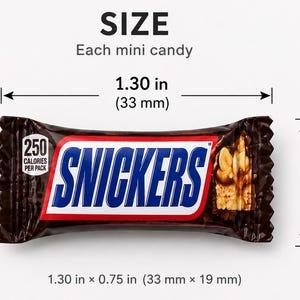 May include: A Snickers mini candy bar in a brown wrapper with the blue and white logo. The text 250 calories per pack is visible. Dimensions are indicated as 33 mm by 19 mm. The image displays the size of each individual mini candy.