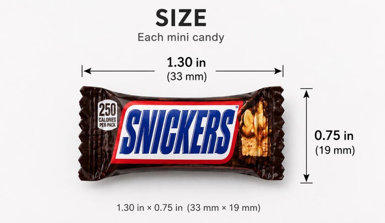 May include: A Snickers mini candy bar in a brown wrapper with the blue and white logo. The text 250 calories per pack is visible. Dimensions are indicated as 33 mm by 19 mm. The image displays the size of each individual mini candy.