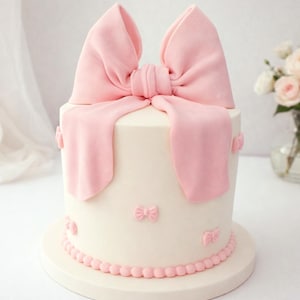 May include: A white cake decorated with a large pink bow on top. The cake has pink bow accents and a pink beaded border at the base. A vase of flowers is in the background.