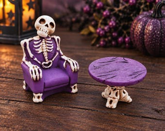 Halloween Skeleton Chair Table Miniatures, Resin Skeleton Set, Tiny Halloween, Dollhouse Miniatures, Tiered Tray Decor, Craft Supply