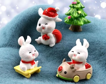3D Christmas Bunny Rabbit Miniature 6 Piece Set, Tiered Tray Decor, Christmas Micro Miniatures, Gift, Fairy House, Dollhouse, Cake Toppers