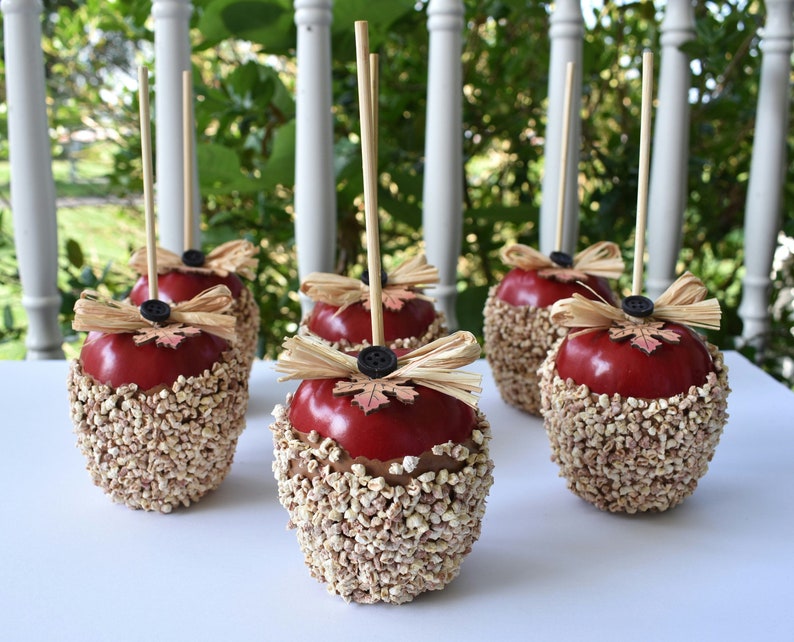 May include: Five red caramel apples decorated with brown and beige sprinkles, a brown bow, and a small brown leaf. The apples are on wooden sticks and are arranged on a white surface.