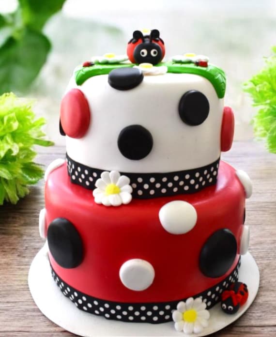 PREORDER Two Tiered Lady Bug Fake Fondant Cake, Summer Decor, Home Decor, Lady Bug Decor, Spring Decor, Photo Prop, Fake Cake, Summer Cake