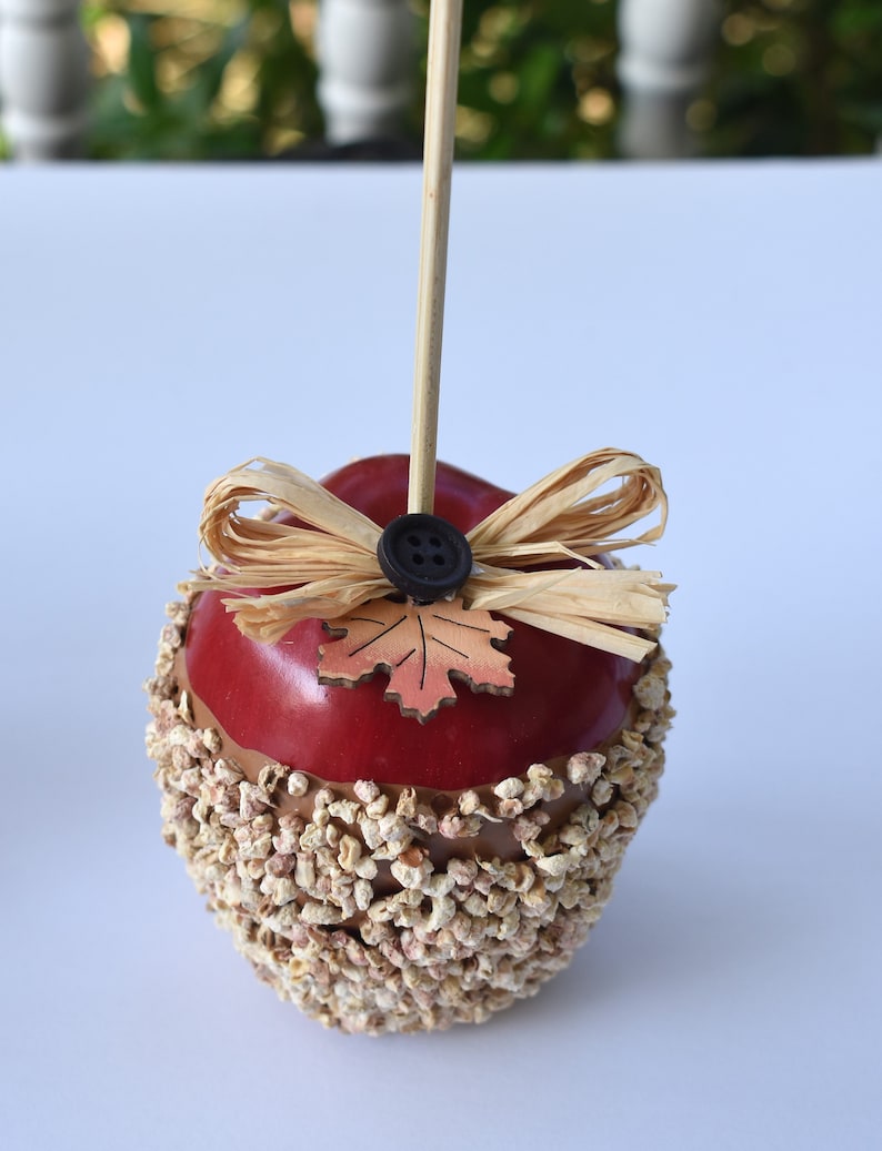 May include: A red apple covered in brown sprinkles with a straw bow and a small brown leaf on top. The apple is on a white surface.