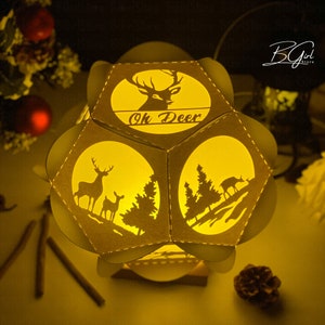 Deer Paper Cut Pentagon Lantern Light Box Template, 3D Lantern Paper ...