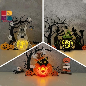 May include: Halloween-themed wooden decorations featuring silhouettes of trees, ghosts, pumpkins, spiders, and witches. The decorations are illuminated with warm light, creating a spooky and festive atmosphere. Perfect for Halloween.