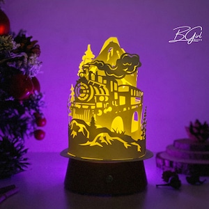 Modello per scatola luminosa a cupola in carta tagliata con vecchio treno, file svg per scatola luminosa in carta tagliata con lanterna 3D fai da te, taglio Cricut, modello svg Cricut