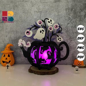 Kettle Flowers 5 Ghost Lantern PDF, SVG, Studio Template - DIY Halloween Paper Cut Template - Halloween Lantern for Halloween Decorations